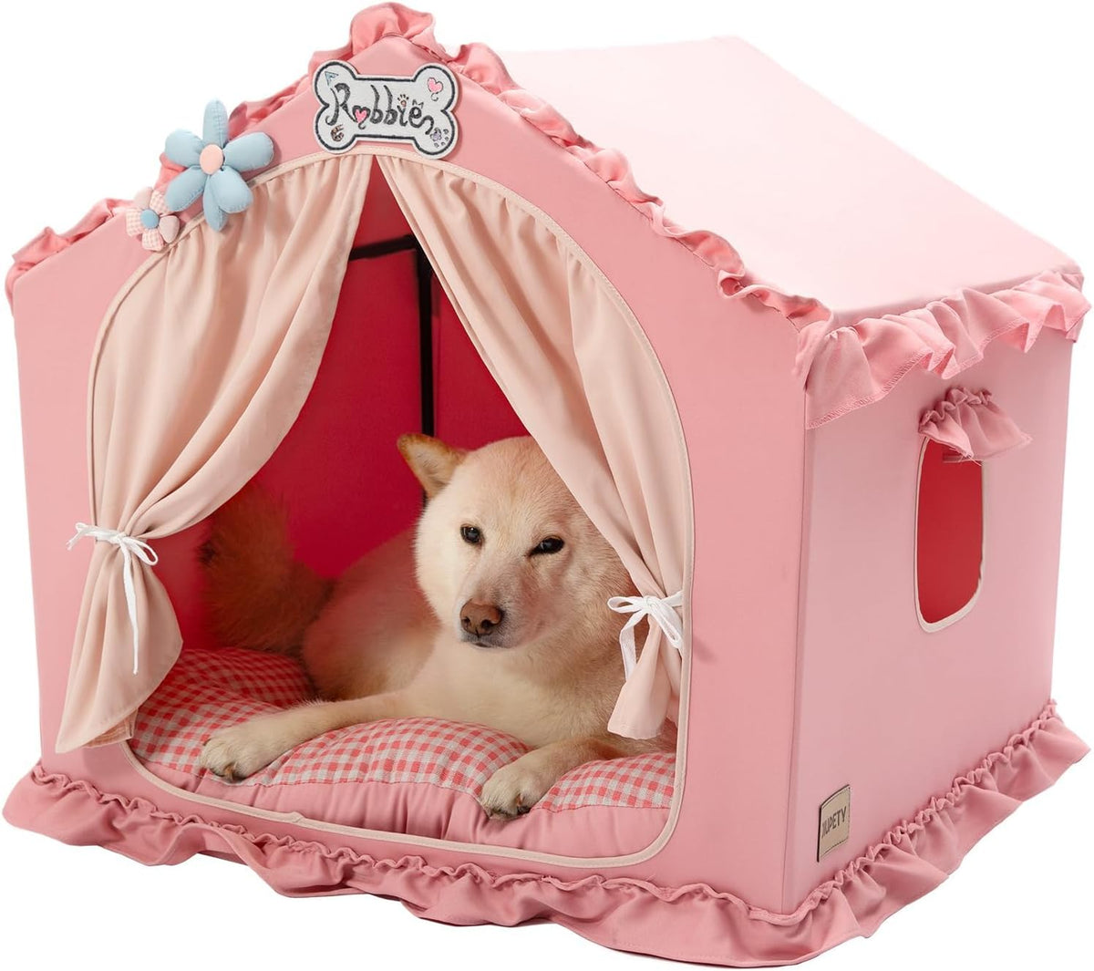 Indoor Dog House with Frame, Cute Dog Tent Bed with Cover Cave - Large ( 25" × 25" × 25" ) / Pink