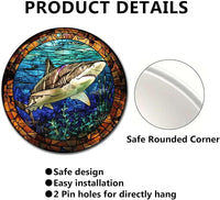 Lygond Metal Sign Tin Sign Circular Stained Glass Shark Funny Outdoor Decor for Garage 8×8 Inches