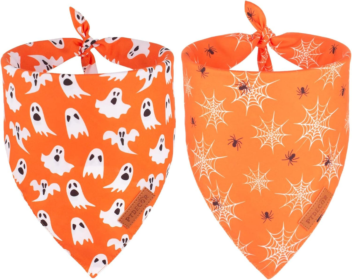 PTDECOR Halloween Dog Bandana, Ghost Pumpkin Dog Scarf - Large / Orange