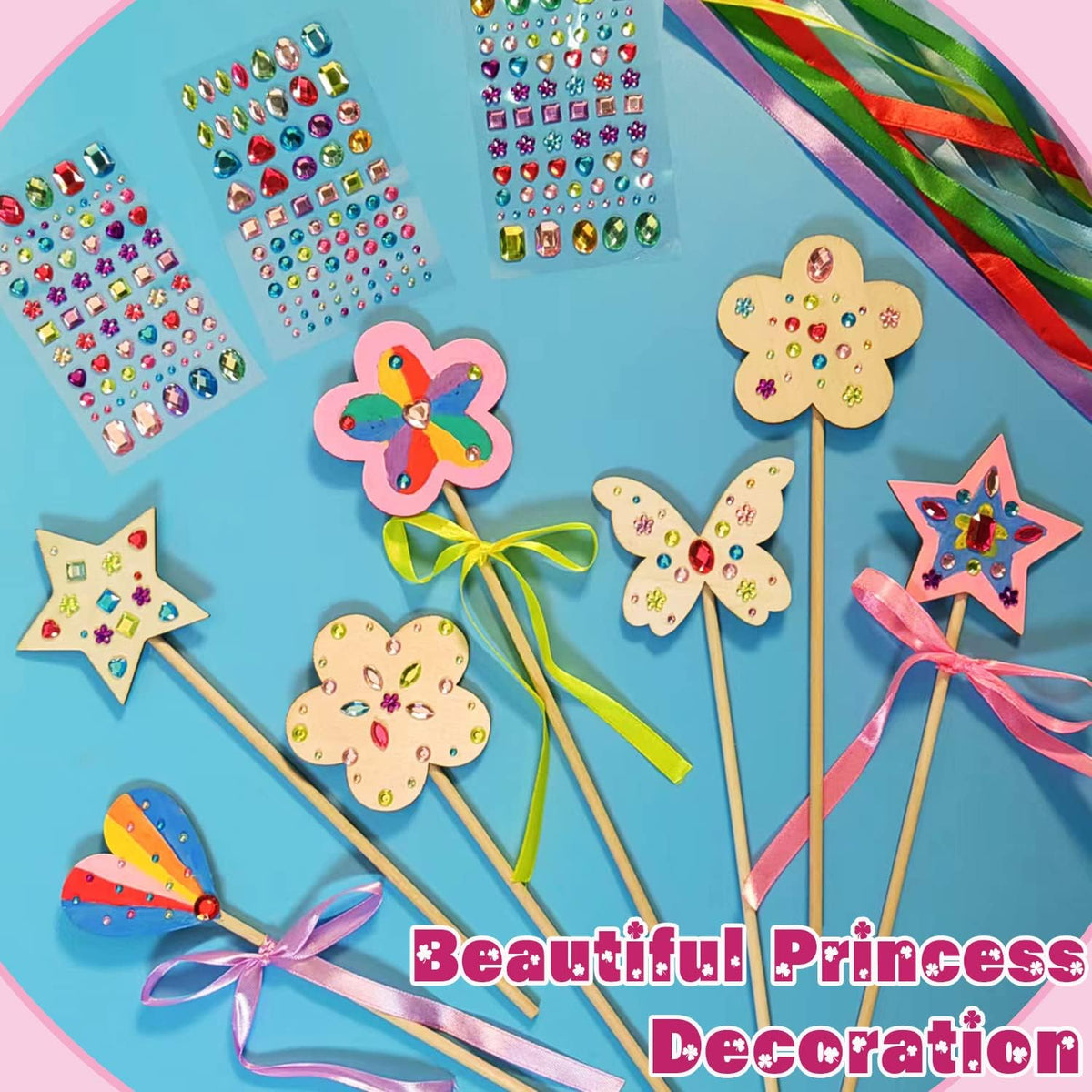 WUBOMJIO princess fairy wands craft kit with 14 wooden wands, gem stickers and colorful ribbons - view 4