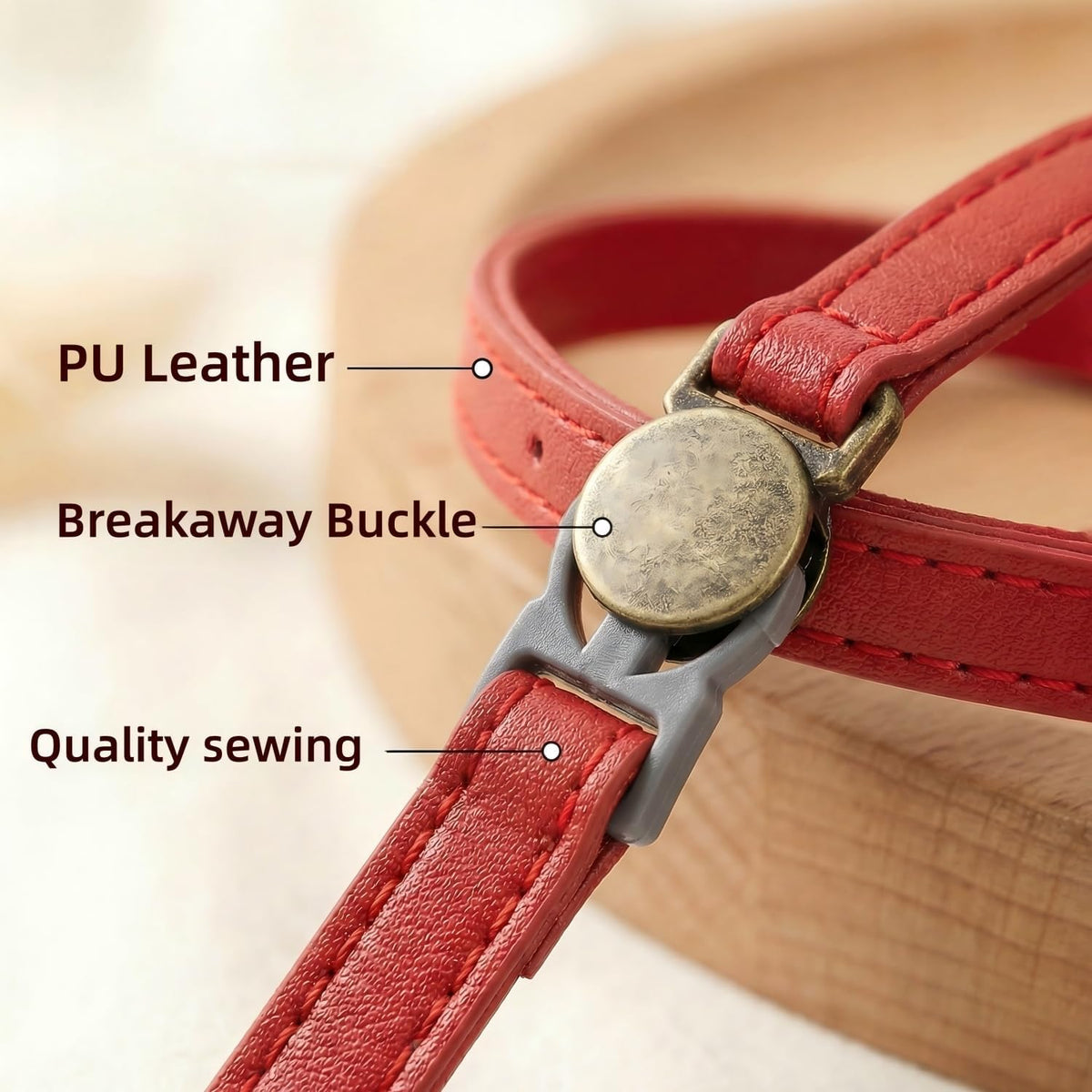 THAIN Leather Cat Collar with Bell Breakaway, Adjustable - Red - image 3