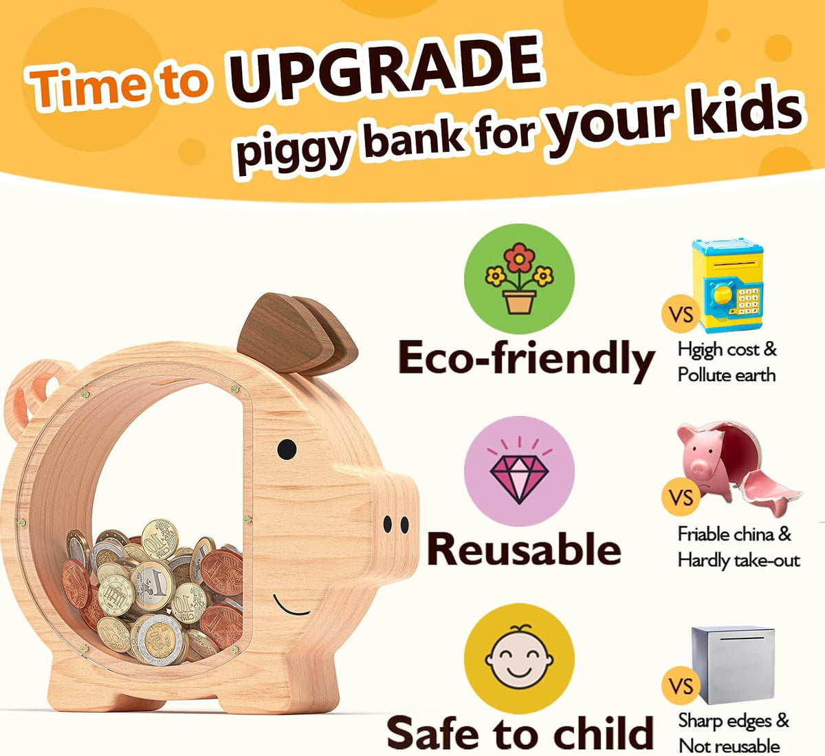 Summidate Pink Piggy Bank for Kids Girls - Default Wood Piggy / Standard - image 3