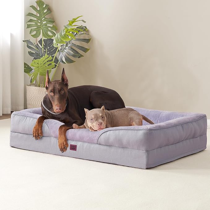 EHEYCIGA Memory Foam Dog Bed for Large Sized, Orthopedic Dog Sofa with Sides and Waterproof Liner, Washable Bolster Pet Couch with Removable Cover, 36x27x7 Inch, Purple
