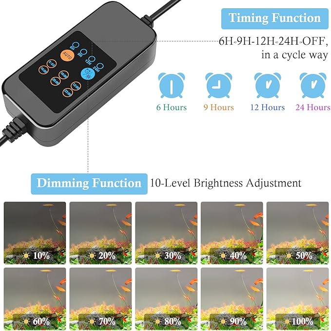 HITOP 16-24in Full Spectrum LED Aquarium Light with Timer, Auto 24/7 Lighting Cycle& 10-Level Brightness Adjustment, Fish Tank Light for Plant Growth, with Extendable Brackets