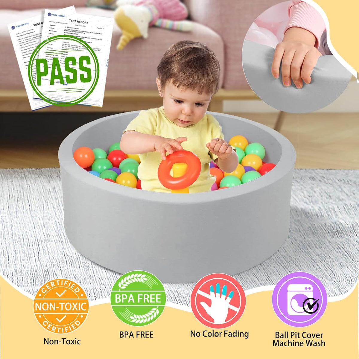 TRENDBOX light gray memory foam ball pit, 27 inch round, shown without balls - view 2