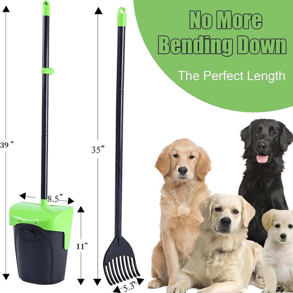 Pooper Scooper Large Swivel Bin & Rake with 160 Waste Bags - Green1 - image 2