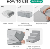 Made4Pets Dog Steps for Bed, Extra Wide Dog Stairs for High Bed Couch Sofa, 35D Foam Pet Steps for Small Dogs and Cats, Non-Slip Bottom Pet Stairs, Light Grey, 4 Steps