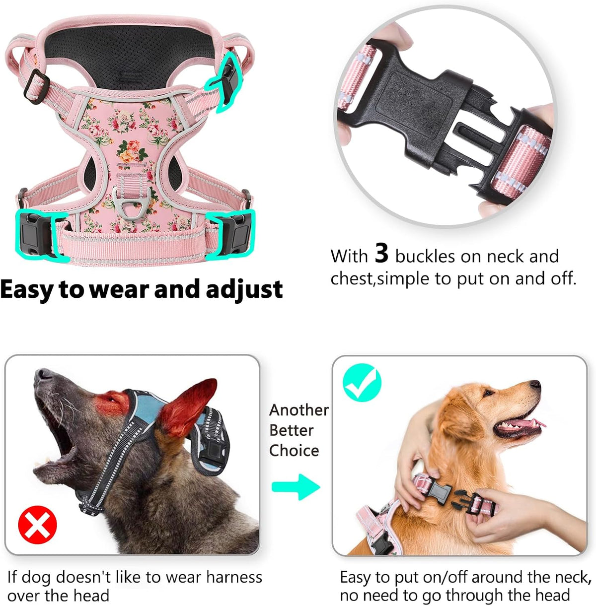 Timos Dog Harness, No Pull Large Sized with 3 Buckles - X-Small / Normal-Pink - image 2