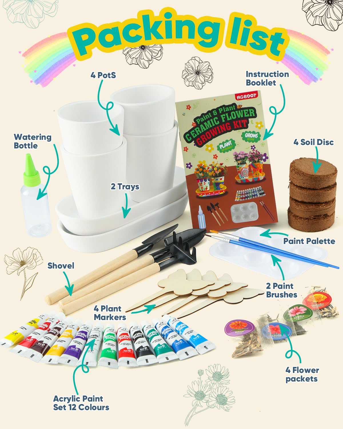 RGBDOT kids gardening set with 4 paintable stoneware flower pots and 12 paint tubes - view 6