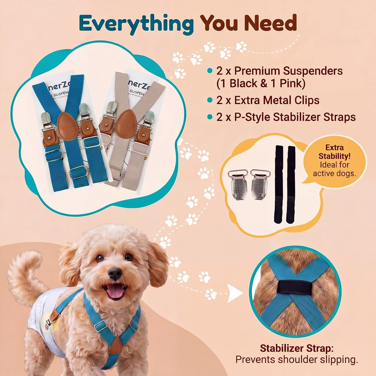 2 Pieces Dog Diaper Suspenders - Blue&Beige / Small/Medium - image 2