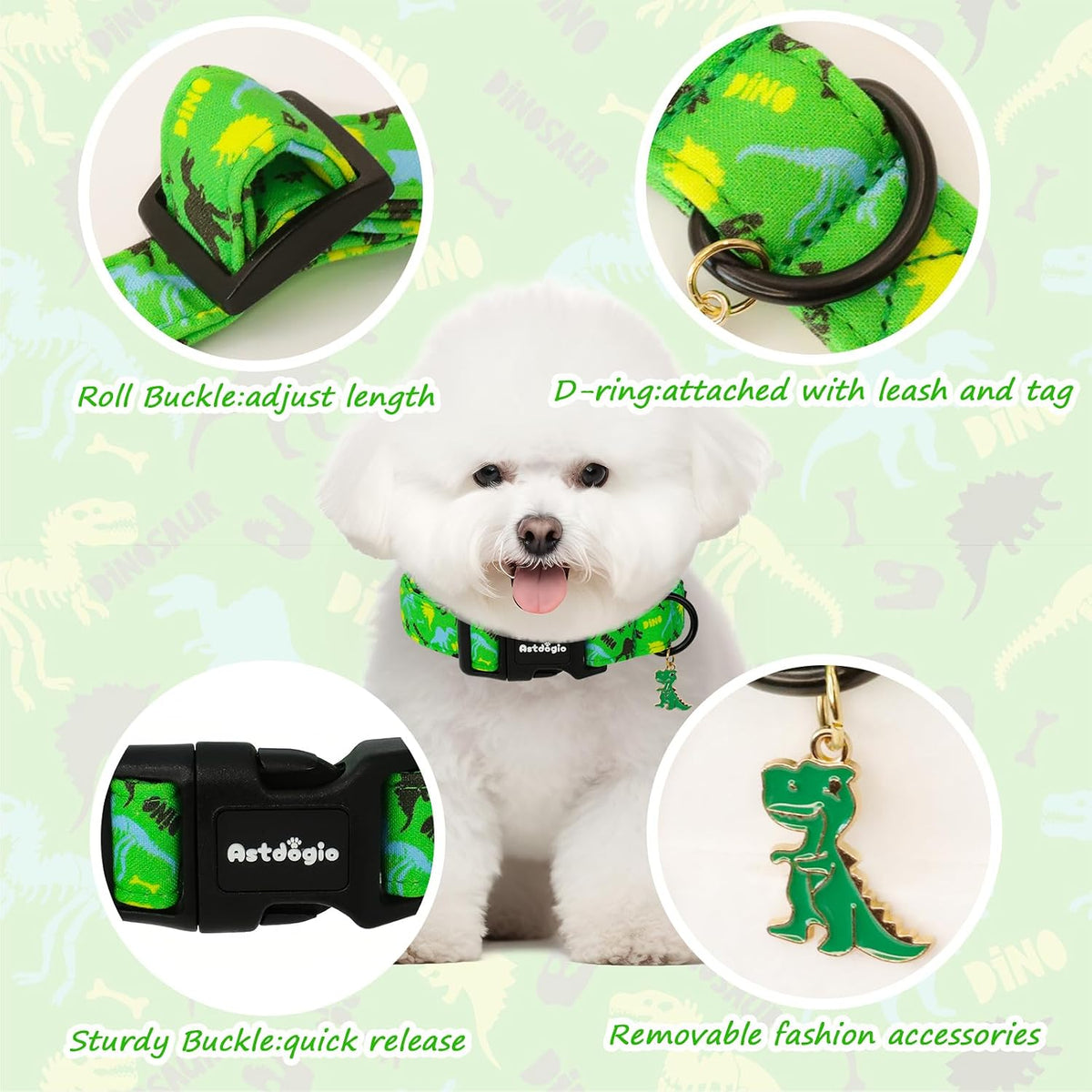Medium Dog Collars for Male Dogs - Green Dinosaur / S - image 4