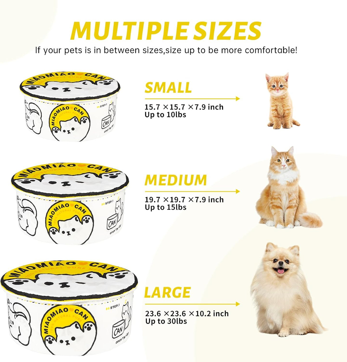 寵幸 Ramen Noodle Cute Cat Bed, Soft Warm Washable Kitten Bed - 19.7"L x 19.7"W x 7.9"Th / yellow white - image 4