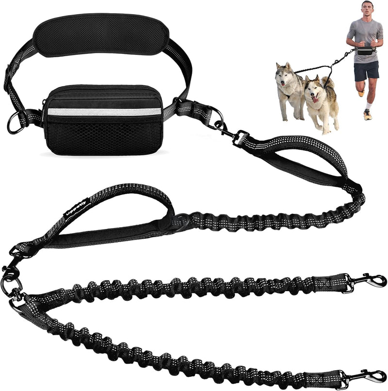 Uppetly Hands Free Double Dog Leash with Pouch - Black / Medium/Large