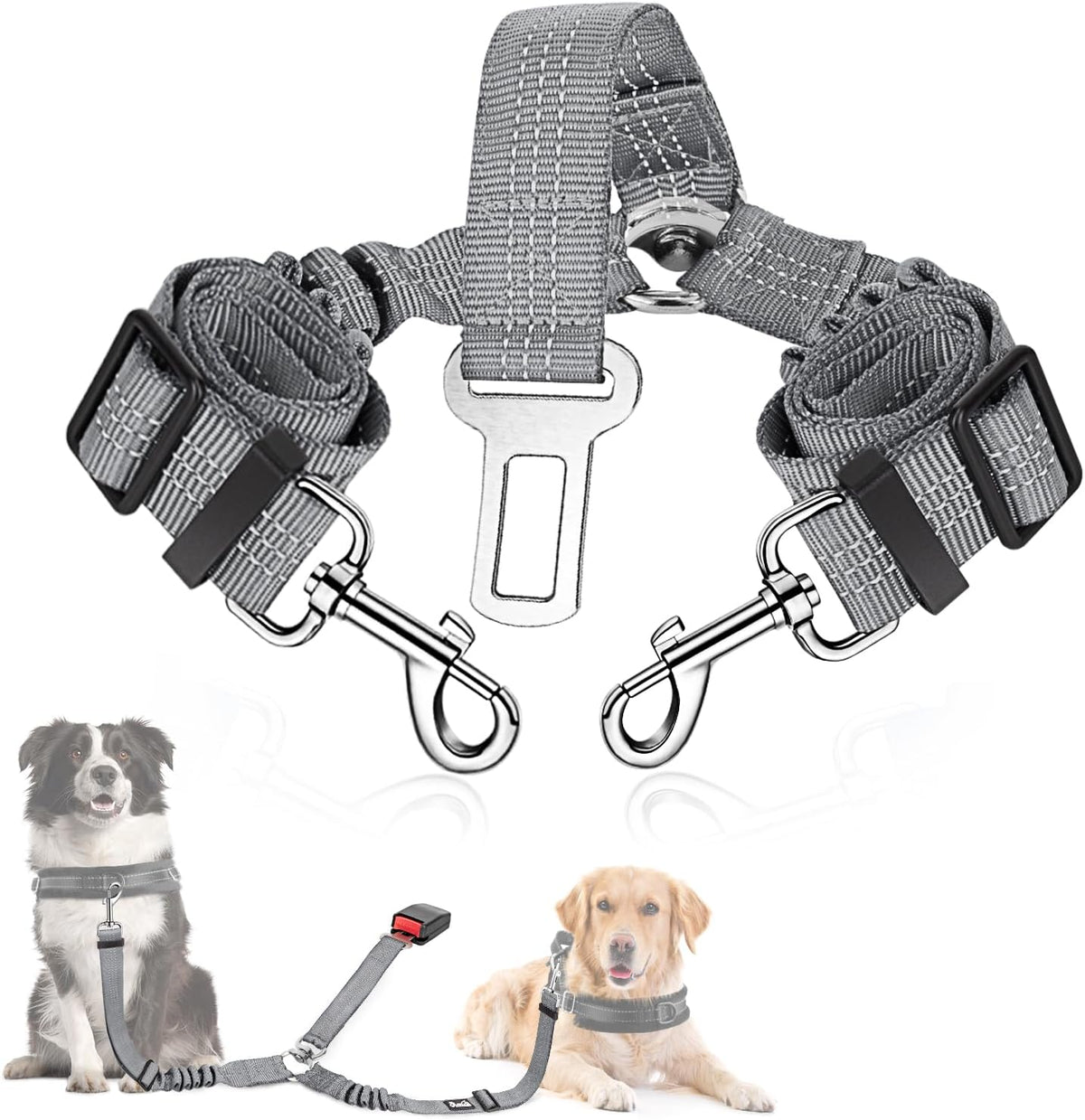 SlowTon Double Dog Seat Belt for Car with Elastic Bungee Buffer - G.Grey / 2 Medium in 1