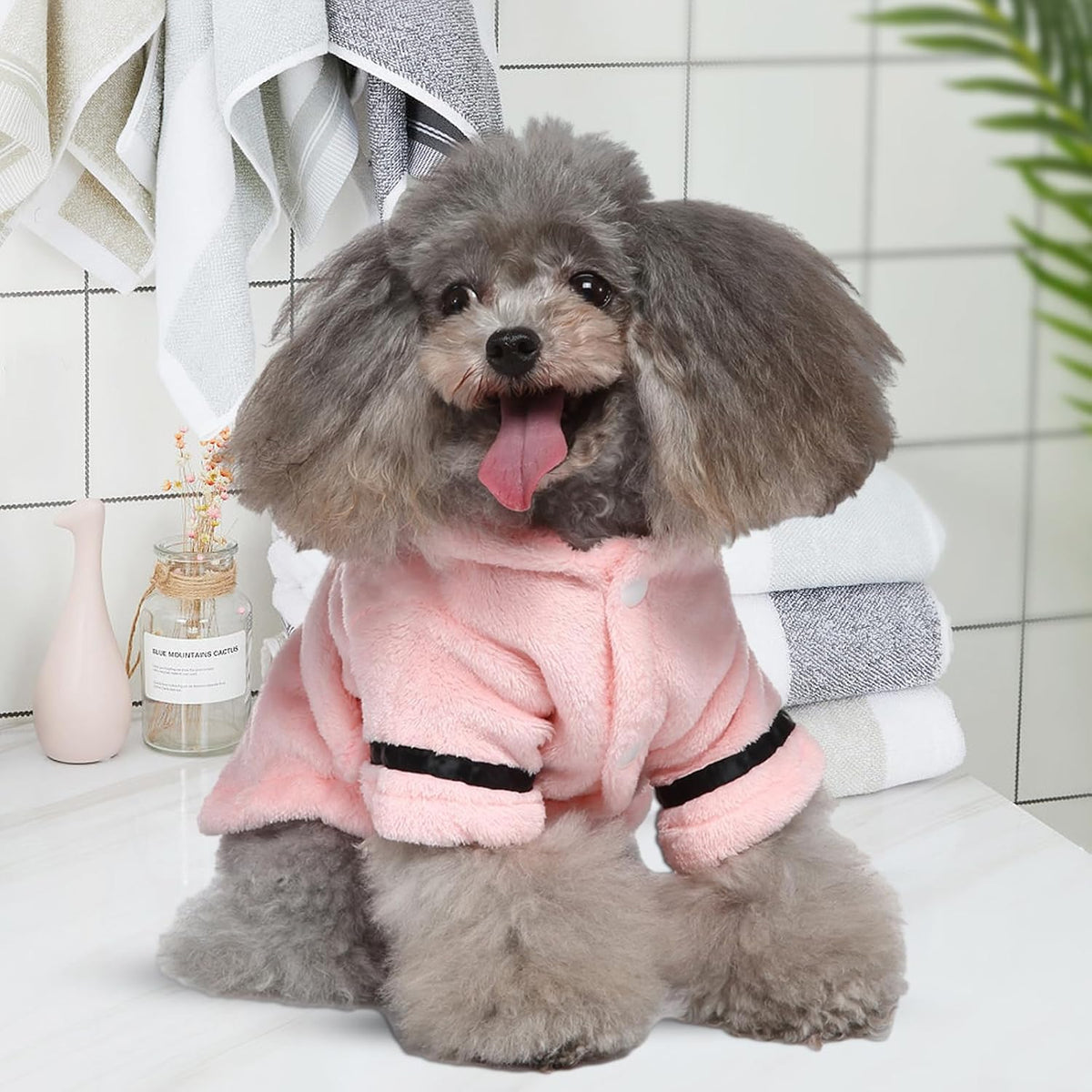 Pet Bathrobe Dog Pajama, Thickened Hooded - Pink / Small - image 3
