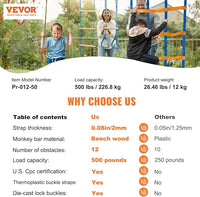 VEVOR Ninja Warrior Obstacle Course for Kids, 2 x 50 ft Weatherproof Slacklines, 500lbs Weight Capacity Monkey Line, Outdoor Playset Equipment, Backyard Toys Training Equipment Set with 12 Obstacles