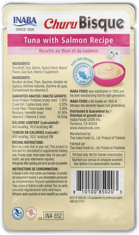INABA Churu Bisque for Cats, Creamy Lickable Purée Side Dish with Vitamin E, 1.4 Ounces per Pouch, 12 Pouches, Tuna with Salmon Recipe