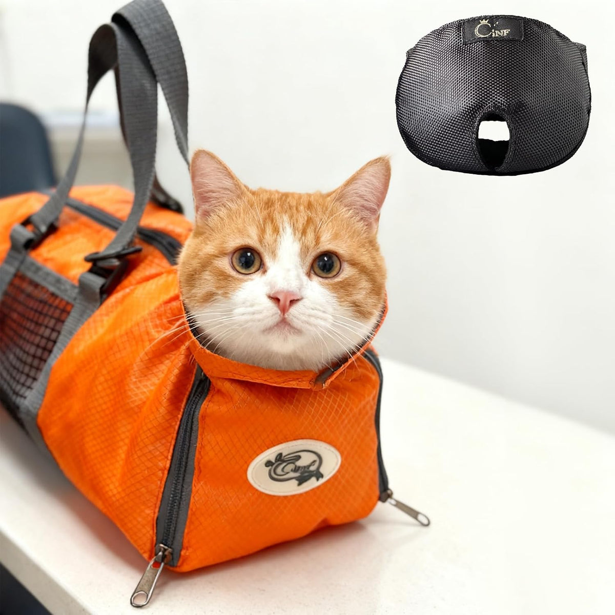 Cinf Cat Restraint Grooming Bag - M Size–Fits most adult cats (8–12 lbs) / Orange