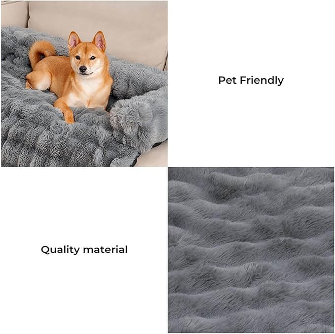 FUNNY FUZZY Pet Fluffy Fuzzy Couch Cover, Calming Washable Dog Bed Sofa Protector Pets Mat for Small Medium Dogs and Cats (Grey,33.45 × 28.35 × 5.51 in)