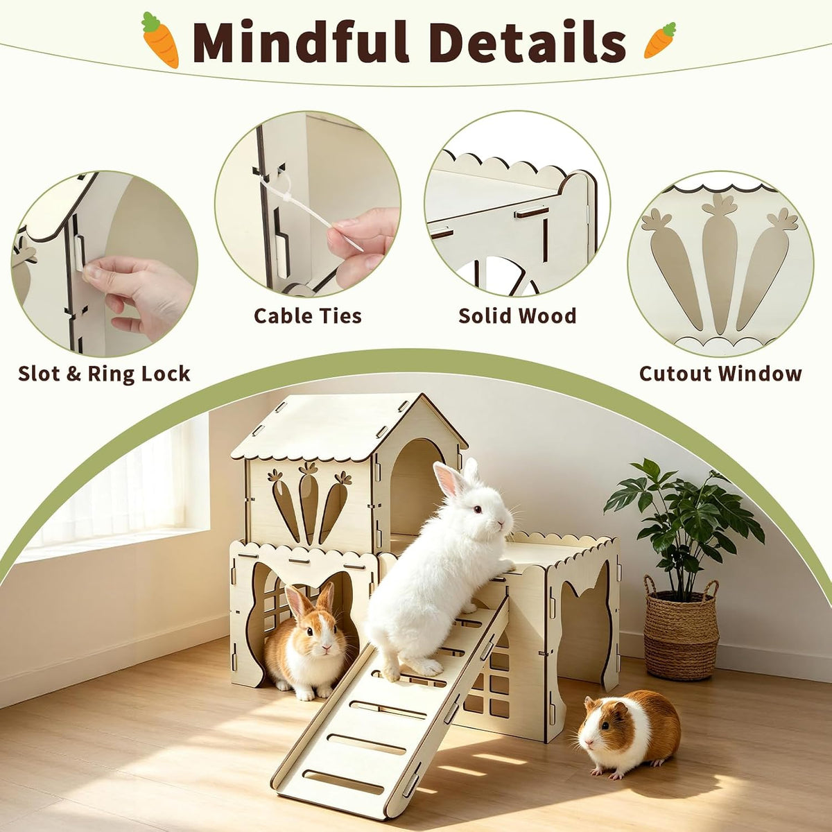 Large Wooden Bunny Hideout - 3 House and 1 Ladder - image 4