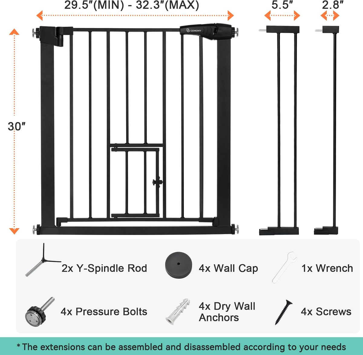 COMOMY Auto Close Pet Gate with Cat Door - Black / 30"Tall 40.5"Wide - image 3