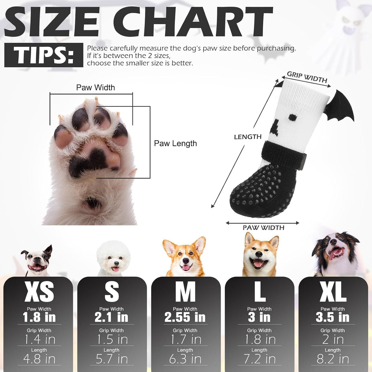 Anti Slip Dog Socks to Prevent Licking Paws - Small (4 Count) / Halloween White Ghost - image 3