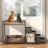 Pet Bunk Bed with Removable Stairs and 2 Drawers, Dogs/Cats Window Perch, Dog Window Seat with Soft Cushion, Ultra-Shallow Steps, Sturdy Metal Frame, Non-Slip