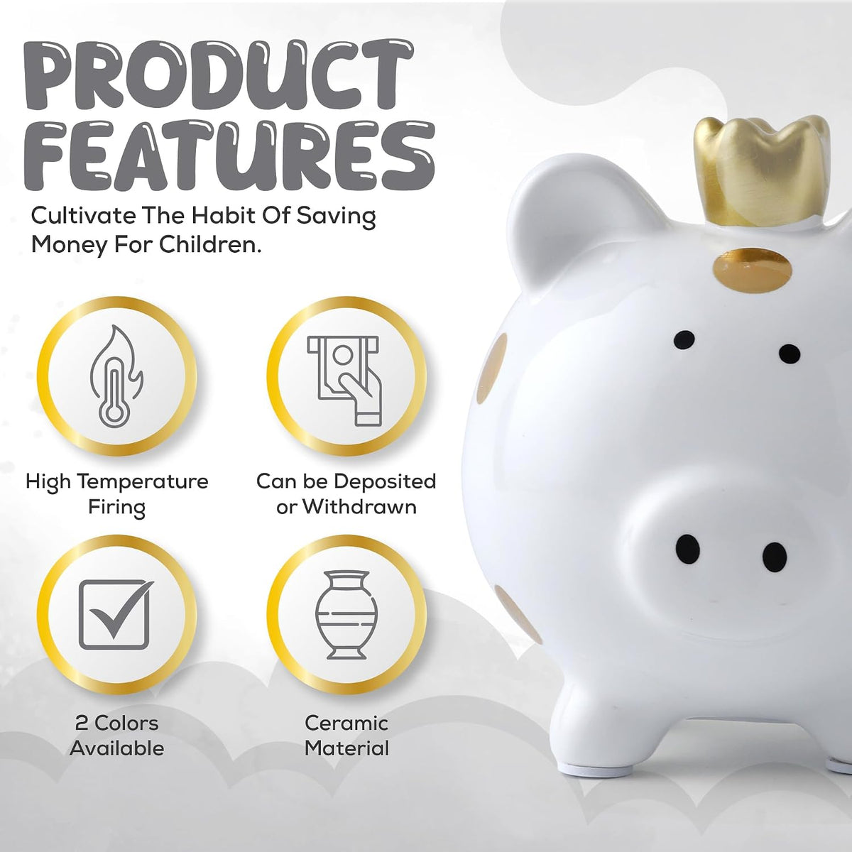 SOBEIT Piggy Bank for Kids Girls Boys, Glazed Ceramic Coin Bank - Style 2 White - image 3