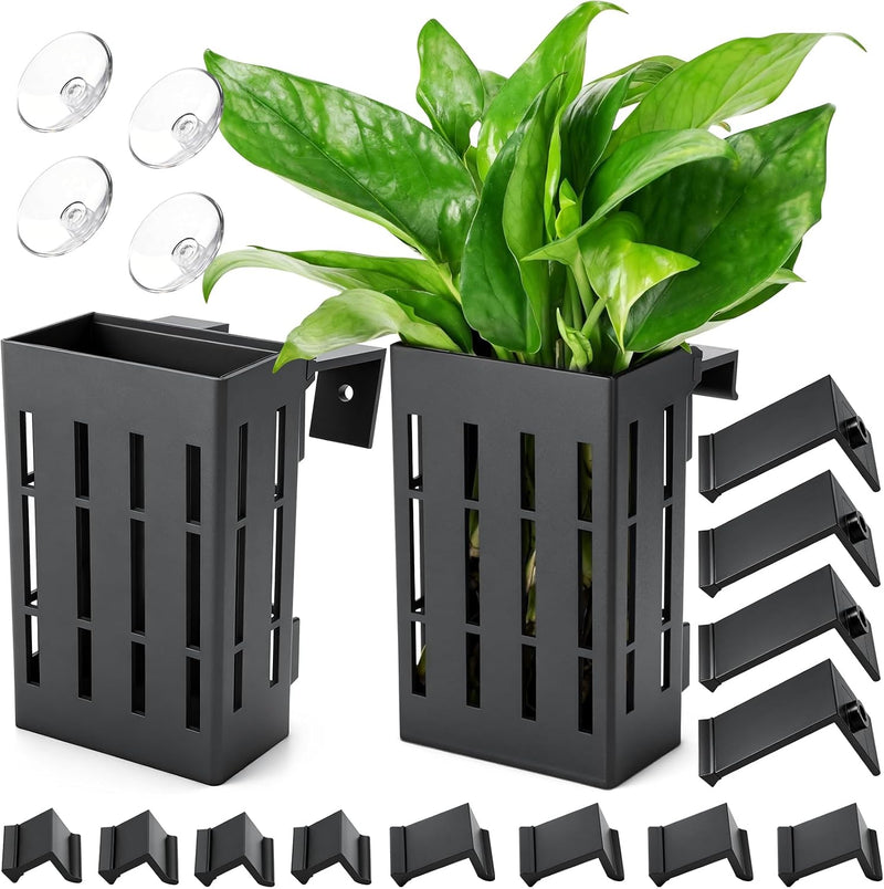 Upgraded Large Aquarium Plant Holder with Hooks and Suction Cups - Black-2 Pack