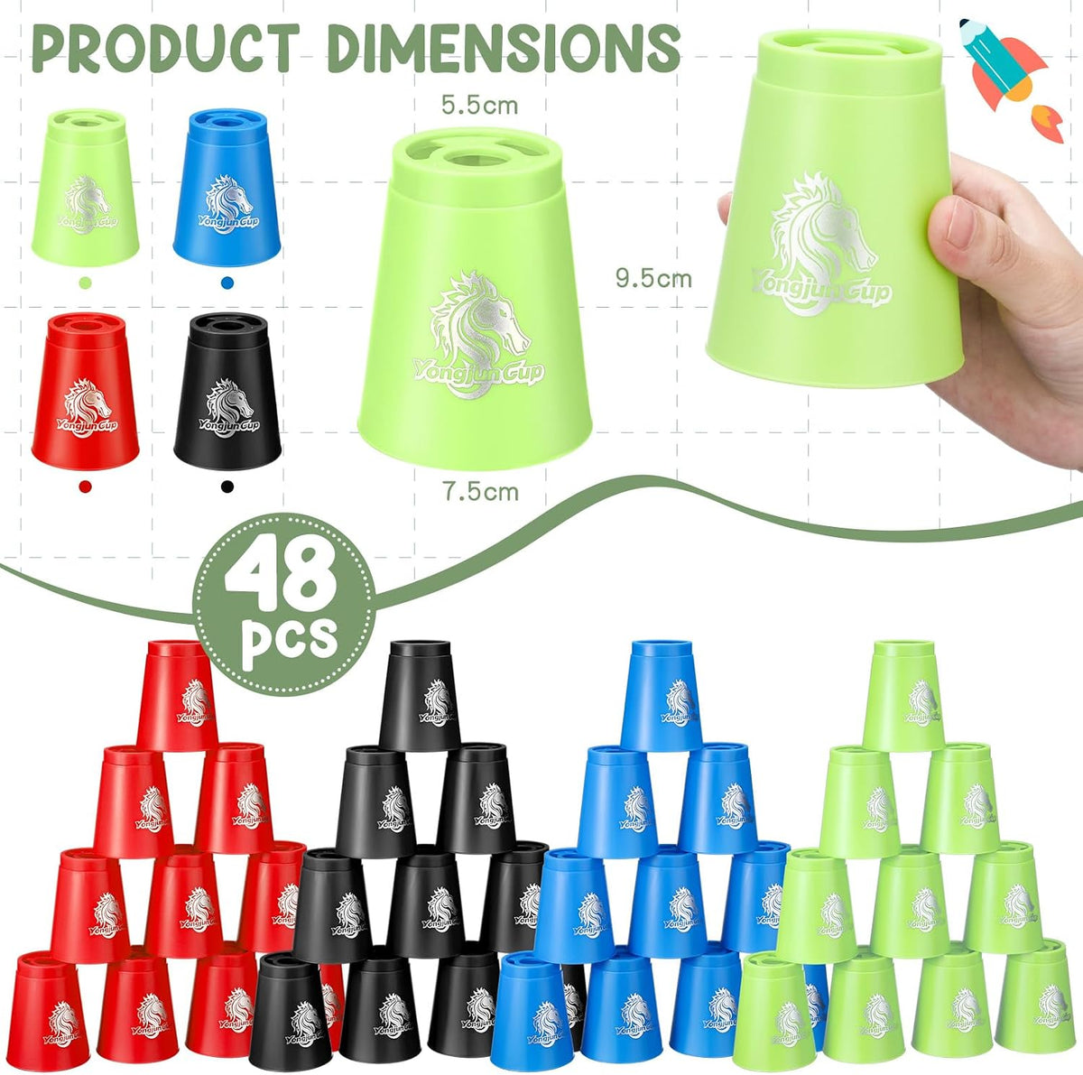 Libima 48 piece sports stacking cups set in blue, green, black and red - view 7