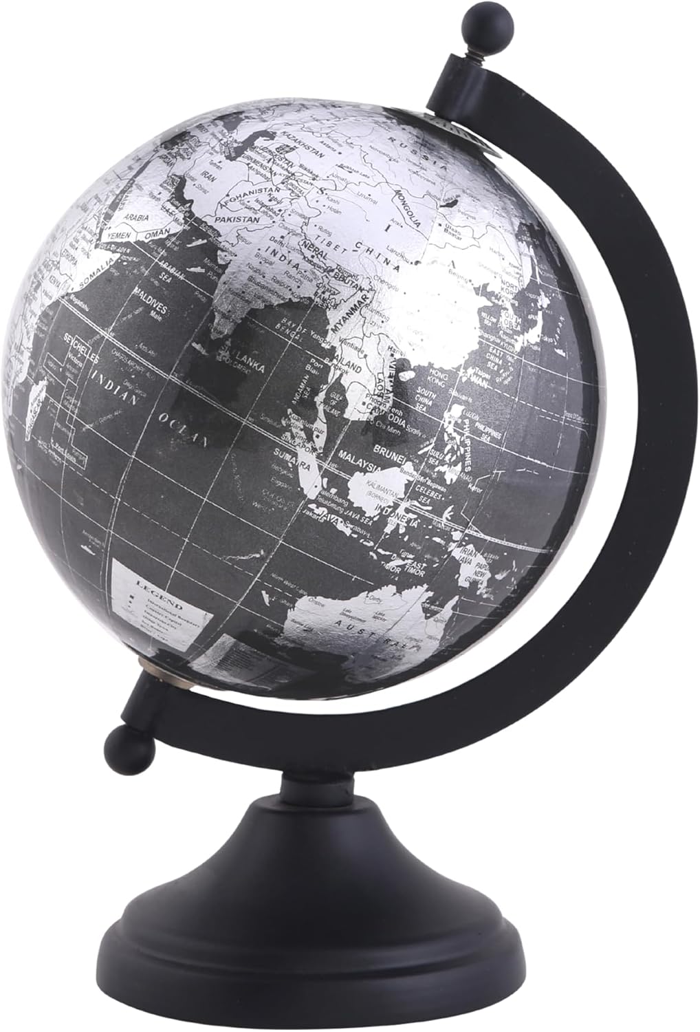 RELY+ 5 inch desktop world globe on a sturdy metal stand in metallic black