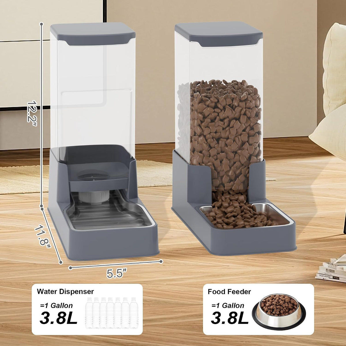 Automatic Cat Feeder and Water Dispenser in Set with Pet Food Bowl - 3.8L Stainless Steel(Grey) - image 2