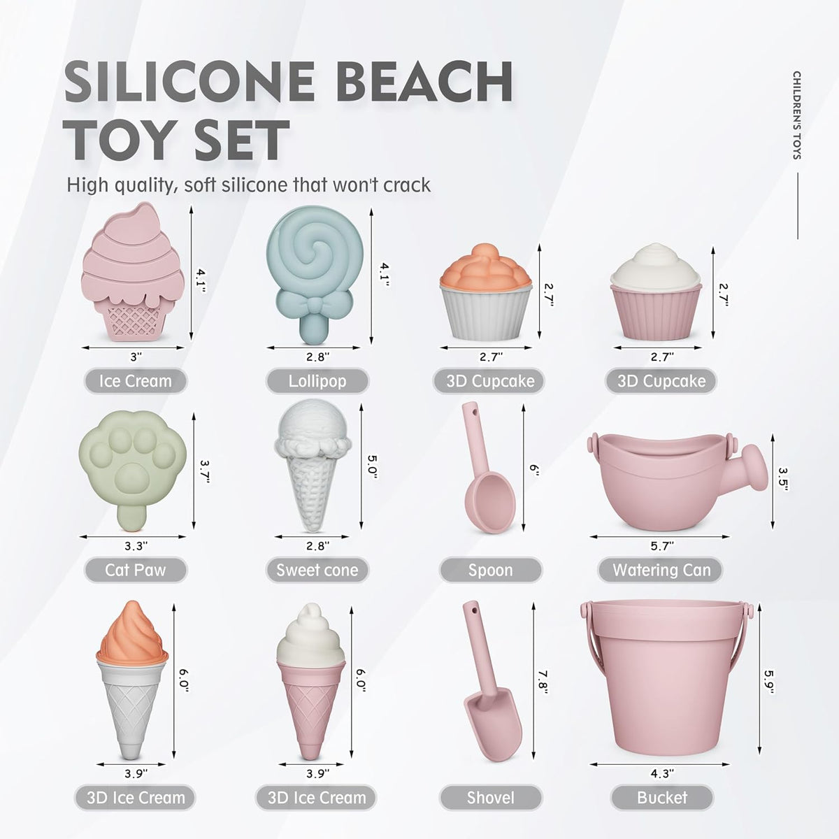 MarcZero silicone beach toys set with bucket, watering can, shovel and sand molds in pink - view 3