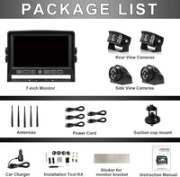 Fookoo HD 7" Wireless Backup Camera System, 1080P 7" Quad Split Screen Monitor, IP69 Waterproof Side Rear View Cameras, Parking Lines, Loop Recording, Digital Signal for RV/Trailer/Truck/Bus (DW7T4)