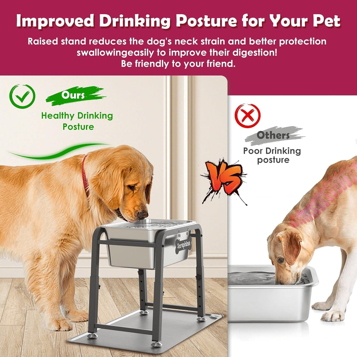 1.2 Gallon Elevated Large Dog Water Bowl with Mat - Grey-2.8 gal & mat / Height: 10.4-15.2" - image 2