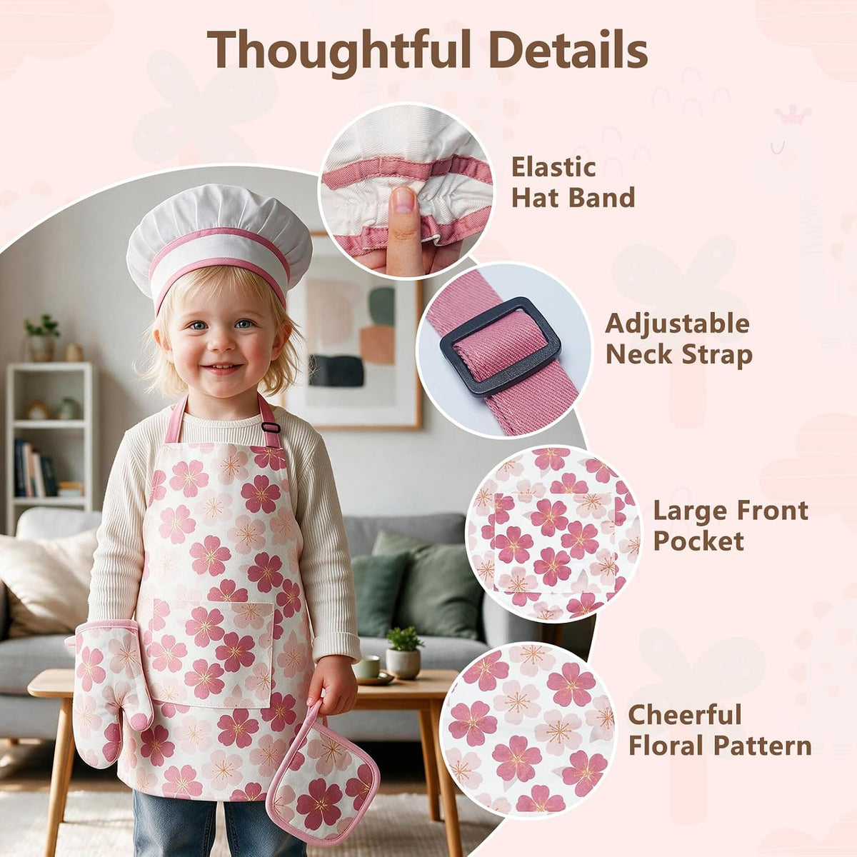 Kids Apron for Boys and Girls Aged 3-6 100% Cotton Blue WQHM – Fun for Kids & Family - Pink 4-pack Apron Set - image 4