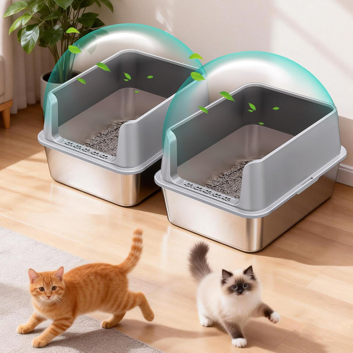 2PACK Stainless Steel Cat Litter Box with High Sides Lid - 2PK-Light Grey-M - image 4