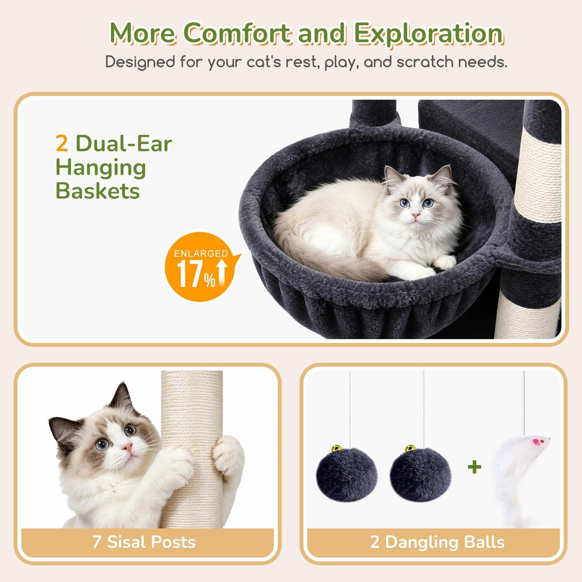Globlazer 74in Heavy Duty Cat Tree Tower for Indoor Cats Large Adult - Dark Grey / 74inch - image 4