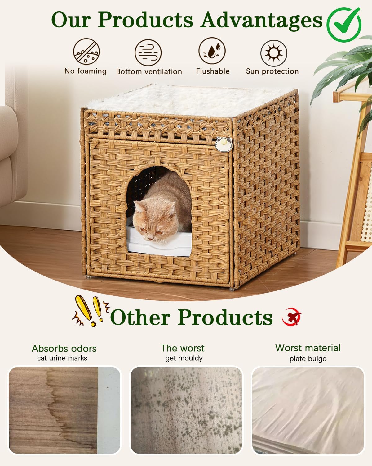 Cat Litter Box Enclosure Furniture, Hidden PE Rattan - Natural / Standard With 1 Cat Bed - image 3