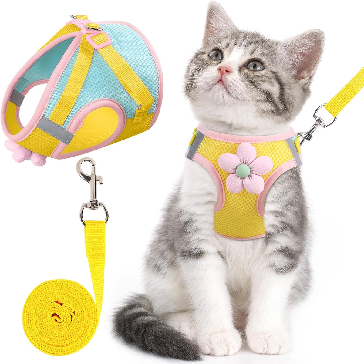 Cat Harness and Leash Set, Escape Proof Soft Vest Walk Pink XS – Essentials for Cats - Lemon yellow / Small