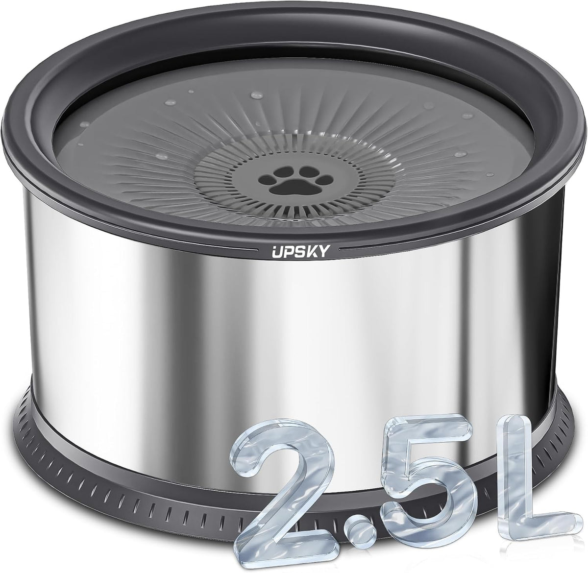 UPSKY 6.5L No Spill Dog Water Bowl Stainless Steel with Anti-Slip Mat – Essentials for Dogs - D.2.5L / Grey