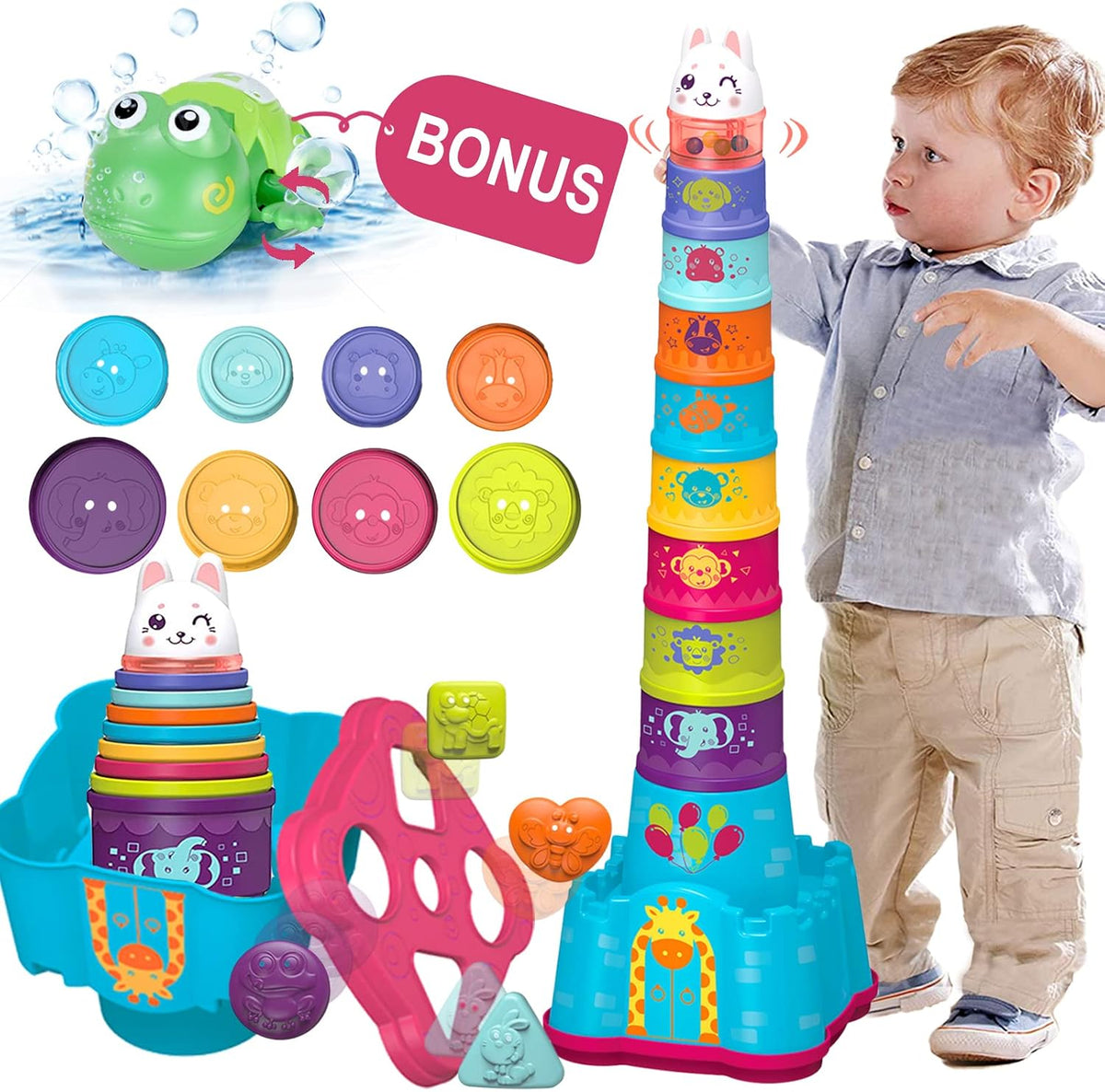 WOWOHAGE baby stacking cups with animals, shape blocks, castle sorter and frog