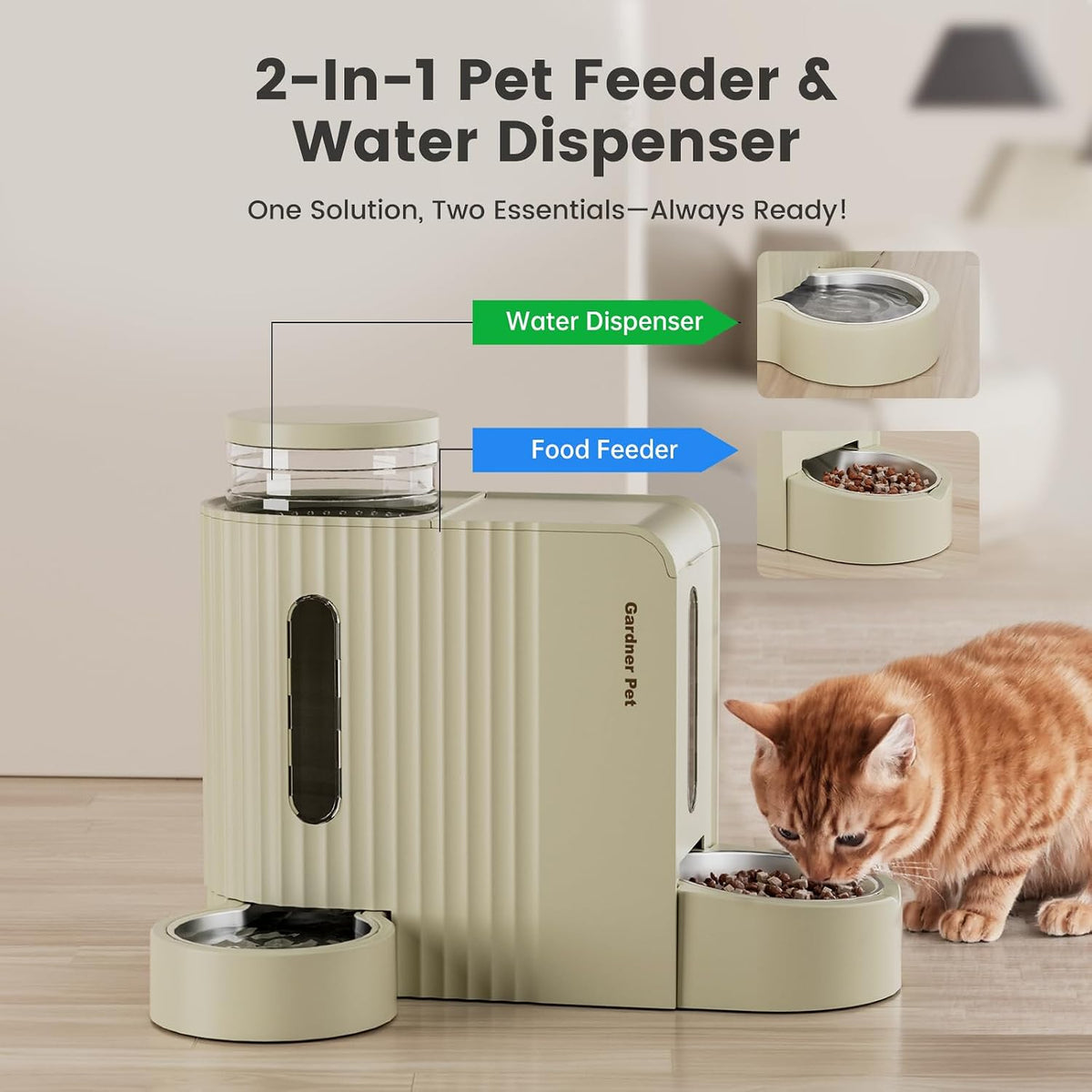 Gravity Automatic Cat Feeder, Water & Food Dispenser Set - Large (0.8 Gallon x 2) / Beige - image 2