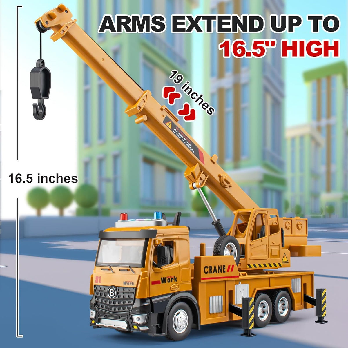 Takgud 13.5 inch friction powered crane truck toy with extending arm and lights - view 7