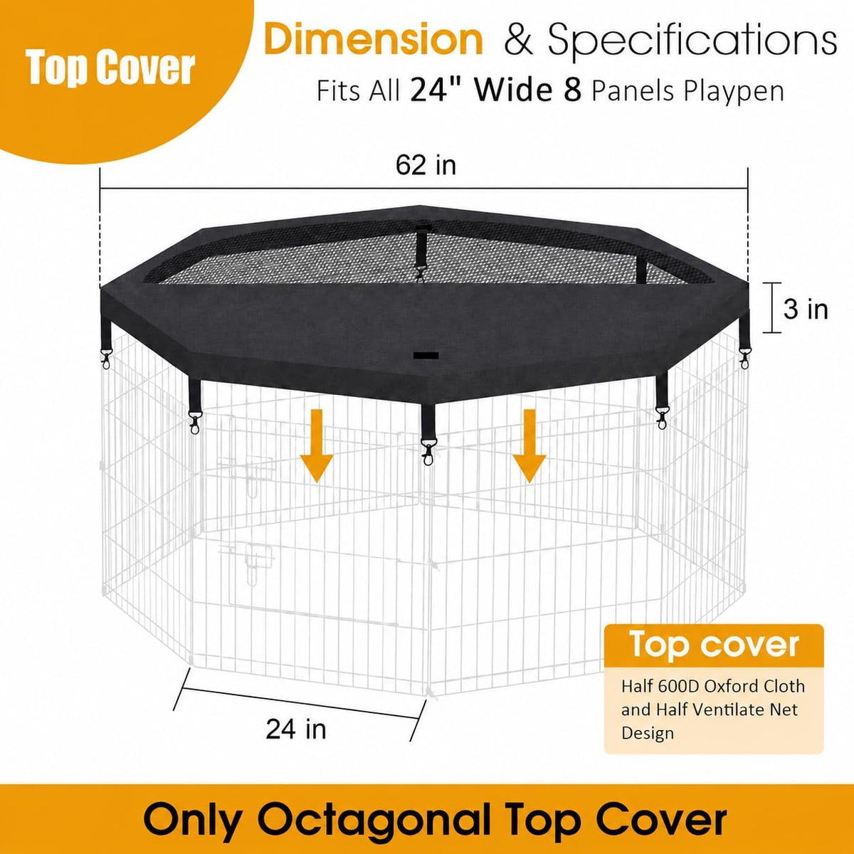 PEEKABOO Foldable Rustproof Dog Playpen with Door, 8 Panels 24"H – Essentials for Dogs - Only Octagonal Top Cover - image 2