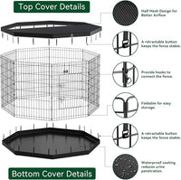PJYuCien Dog Playpen, 8 Panels 42’’H Dog Pens Indoor with Bottom Pad and Top Cover, Metal Foldable Pet Puppy Exercise Fence Crate Kennel, Better for Medium and Big Animals,Black
