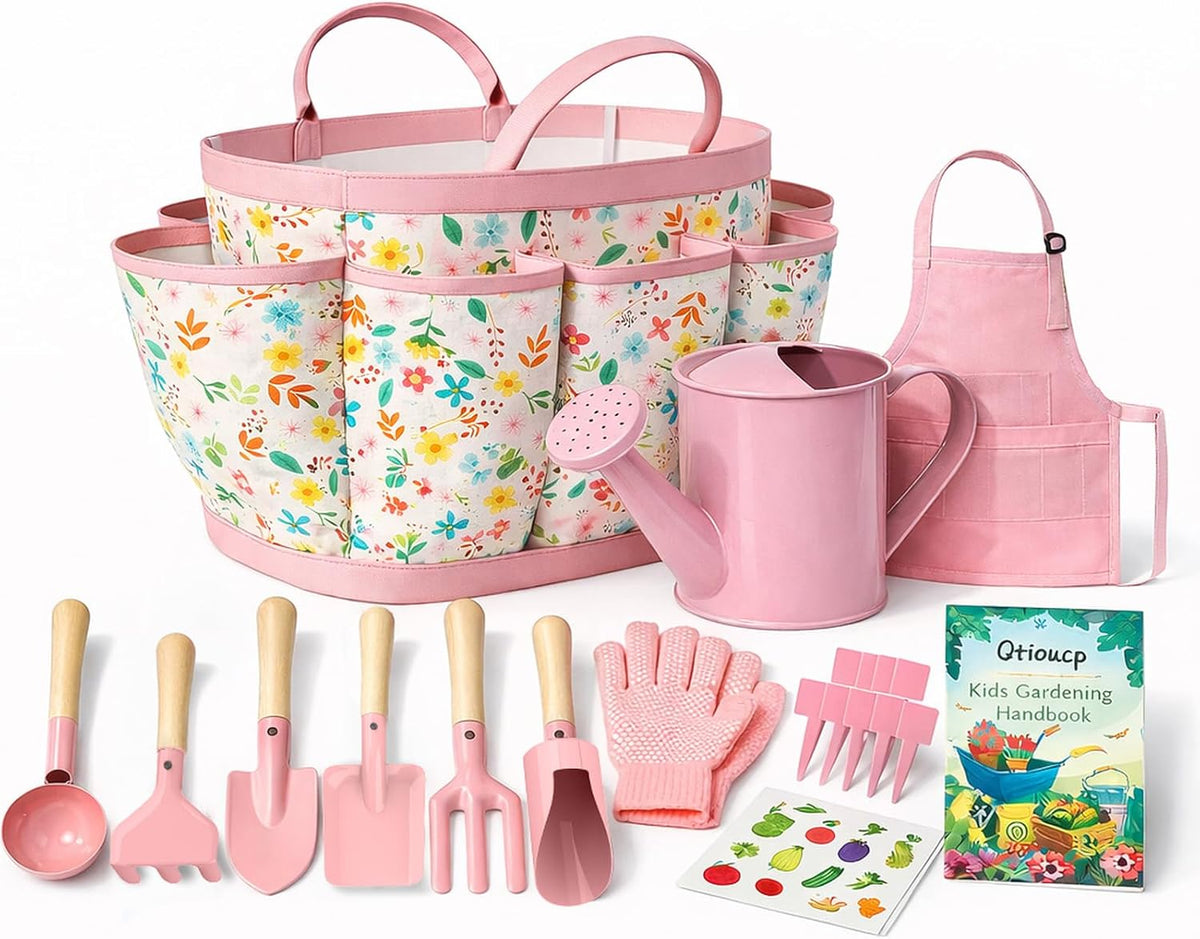 Qtioucp Kids Gardening Set 14Pcs Garden Tools with Tote Bag - Pink
