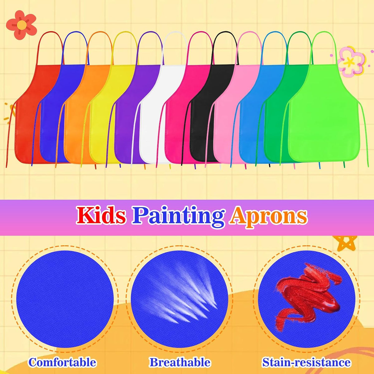 PLULON kids painting aprons in 12 bright colors with ties - view 8