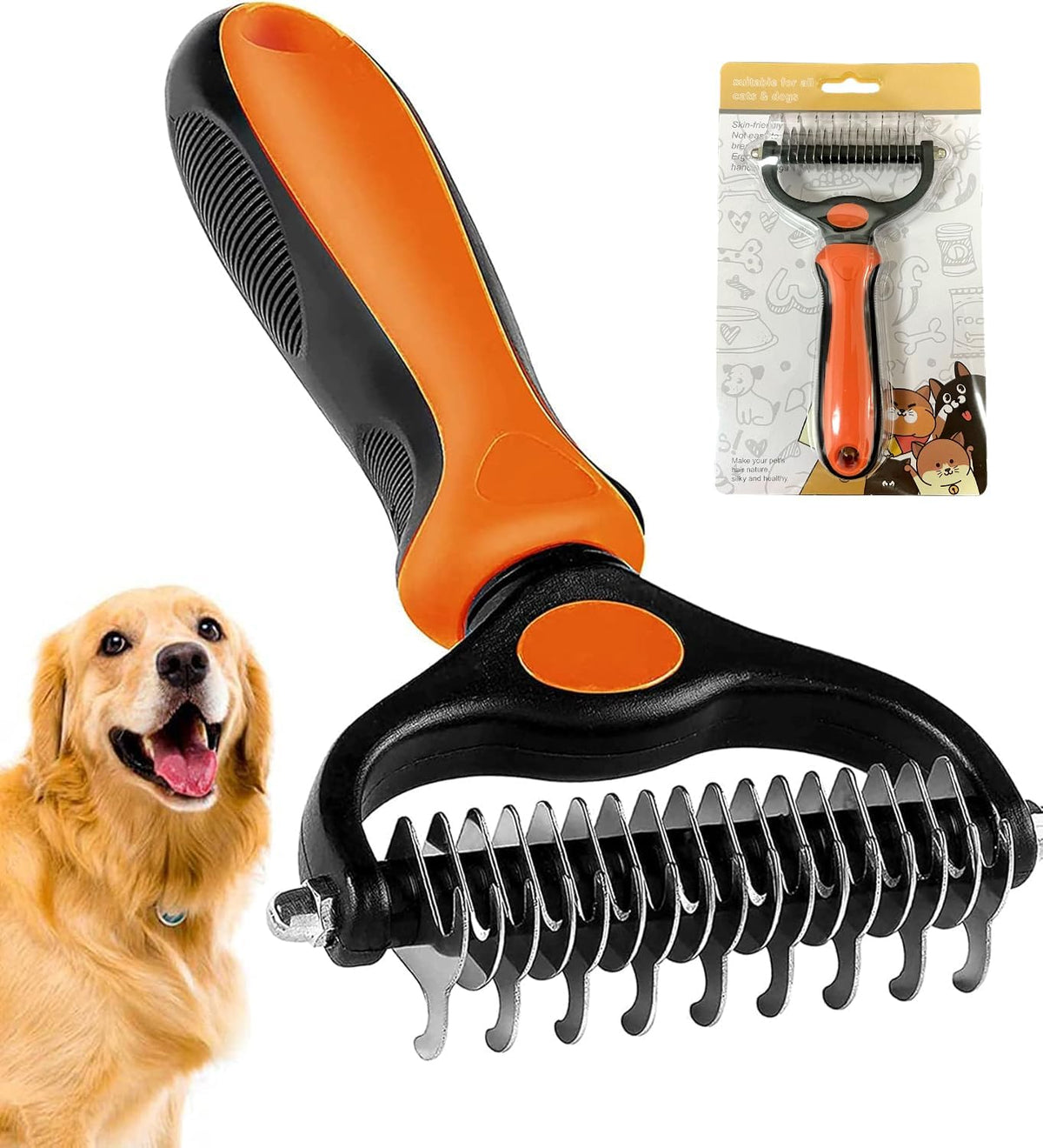 Undercoat Rake for Dogs, Pet Hair Grooming Brush - Orange