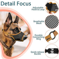LUCKYPAW Dog Muzzle, Mesh Muzzle for Large Medium Small Dogs, Soft Mouth Guard for Biting Chewing, Breathable Mouth Guard with Adjustable Strap for Training(Brown, XL(Snout:11"-12.25"))